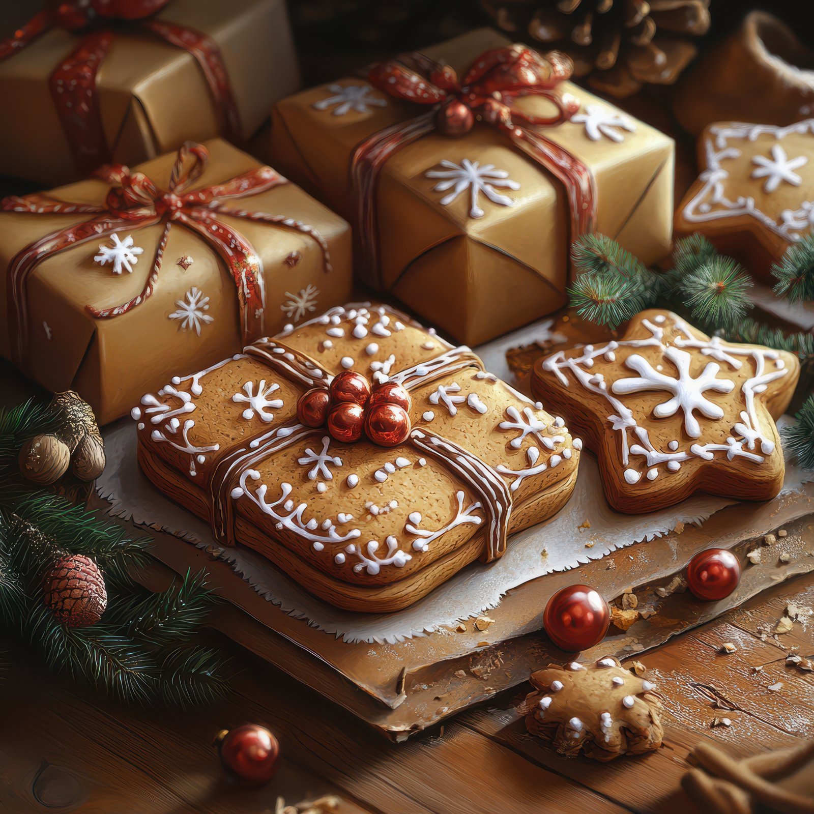 Gingerbread cookies shaped like presents and stars are displayed on a rustic wooden table, creating a festive Christmas scene